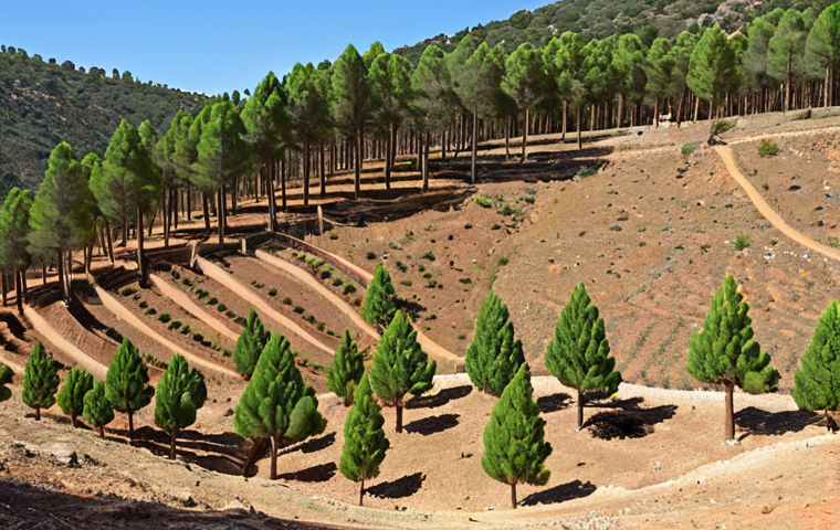 **Image Prompt 1:** A vibrant reforestation scene in Teruel, Spain. Focus on the community planting native trees (encinas, sabinas, pinos) on terraced land. Use of hydrogels is visible. Show diverse ages participating, highlighting hope and community spirit. The landscape should transition from arid to green.