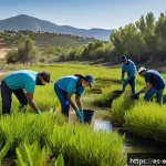 자연생태복원기사와 ESG 경영 연계 사례 - A vibrant corporate environmental restoration project scene in rural Spain, featuring a diverse team...