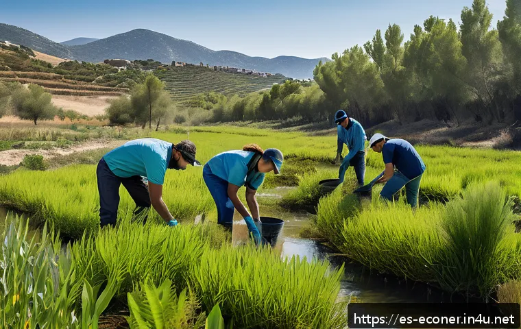 자연생태복원기사와 ESG 경영 연계 사례 - A vibrant corporate environmental restoration project scene in rural Spain, featuring a diverse team...