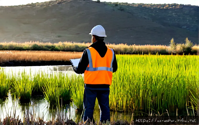 Home 15 자연생태복원기사의 법적 책임과 권리 - Photorealistic environmental restoration specialist in a high-visibility vest and hard hat conductin...